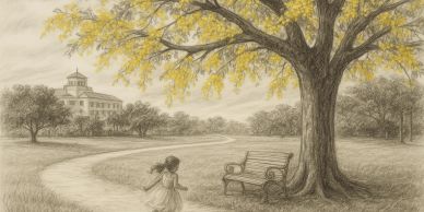 A girl runs toward a bench under a large tree with yellow leaves in a park.