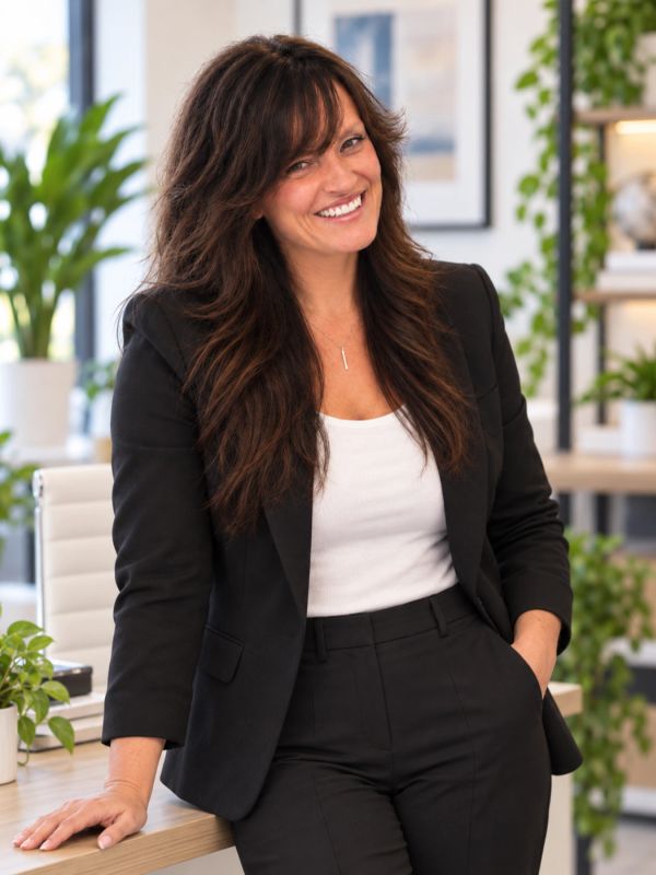 Smiling woman in business attire standing by a desk.