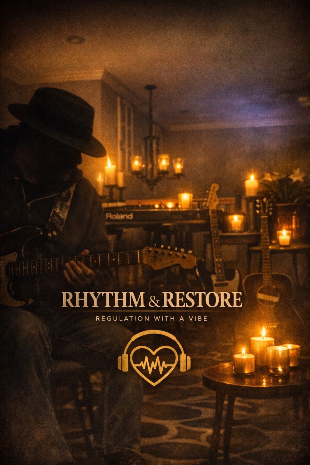 A cozy room with a musician playing guitar surrounded by candles and instruments.