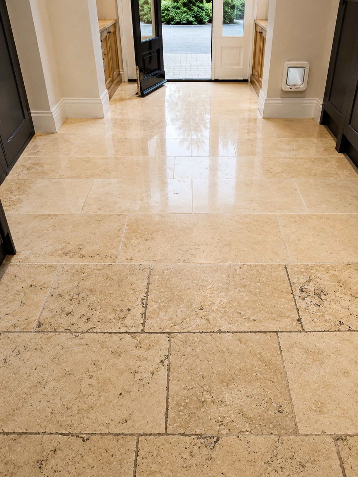 Professional travertine floor restoration in London. Specialist travertine cleaning, honing, polishi