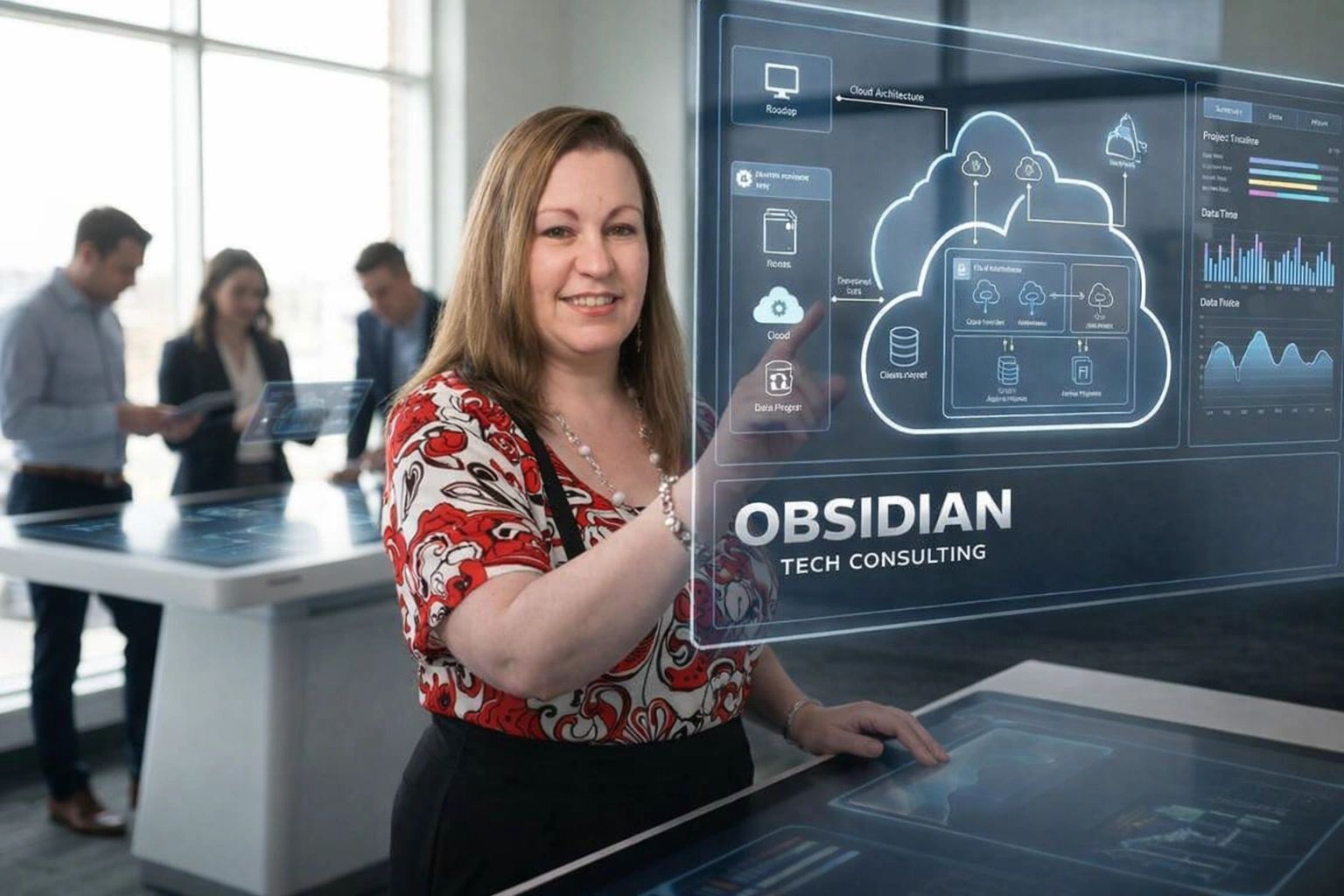 Our founder interacting with futuristic digital display at Obsidian Tech Consulting.