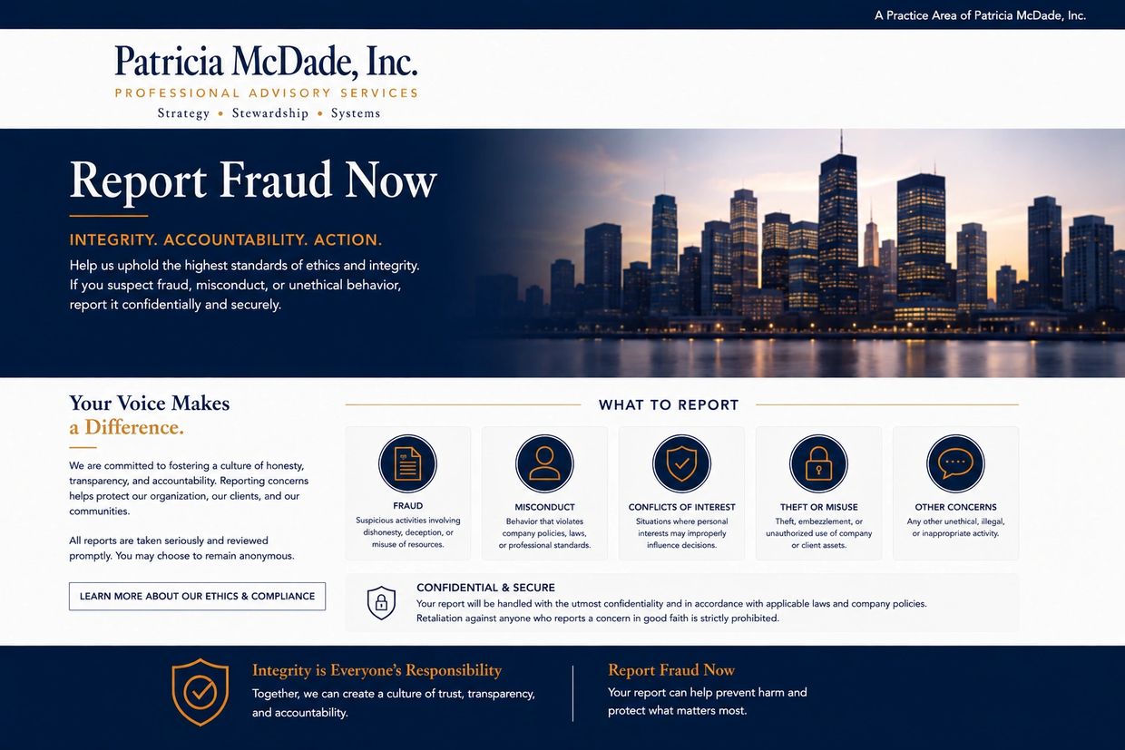 Patricia McDade, Inc. urges confidential fraud reporting with integrity and accountability.