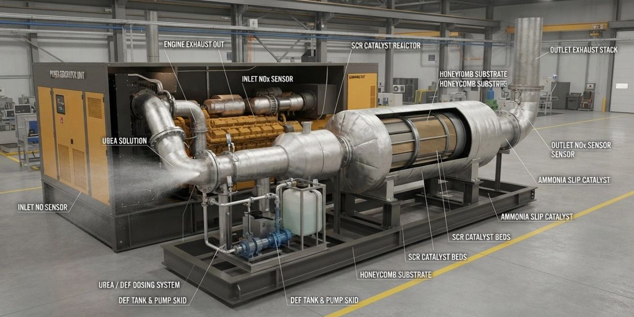 Industrial SCR system with labeled components.