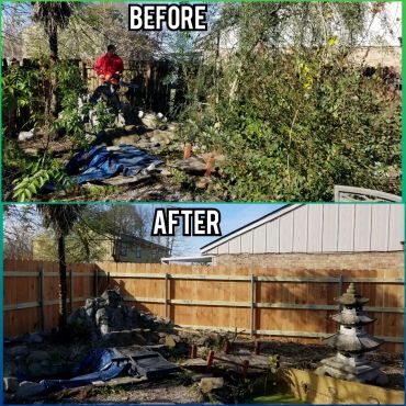 Before and after photos of a backyard cleanup and landscaping project.
