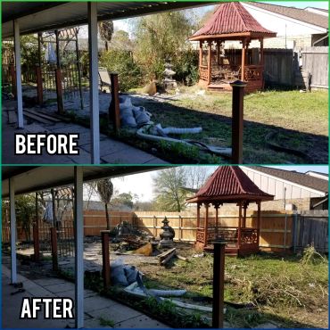 Backyard transformation showing cleanup and removal of debris around a gazebo.