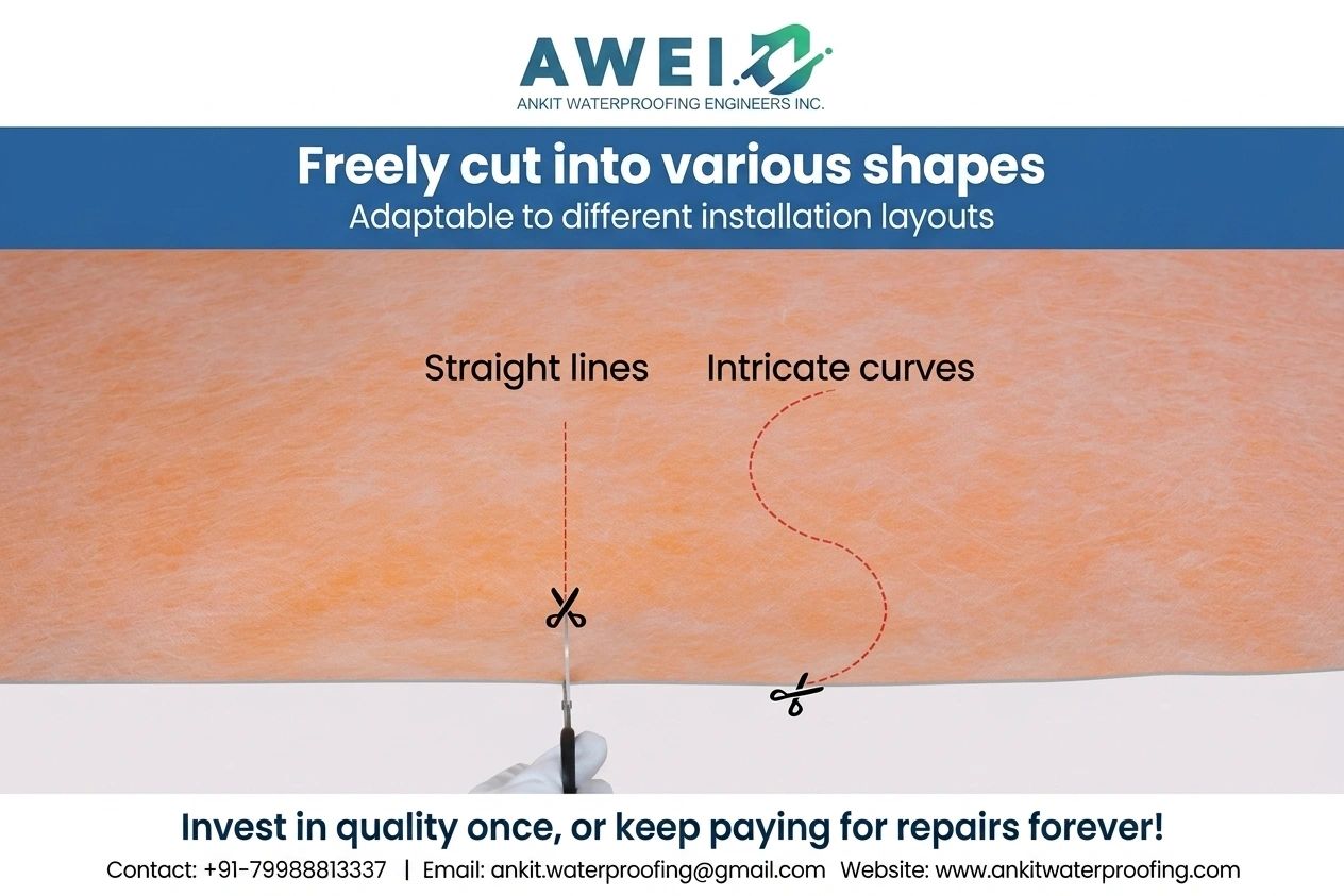 Waterproofing material that can be cut into straight lines or intricate curves for adaptable installation.