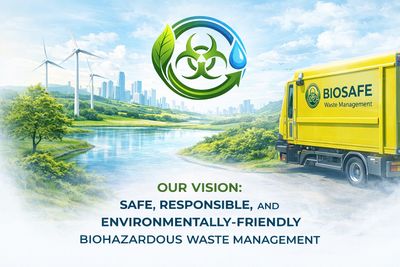 Biosafe truck promoting eco-friendly biohazardous waste management.