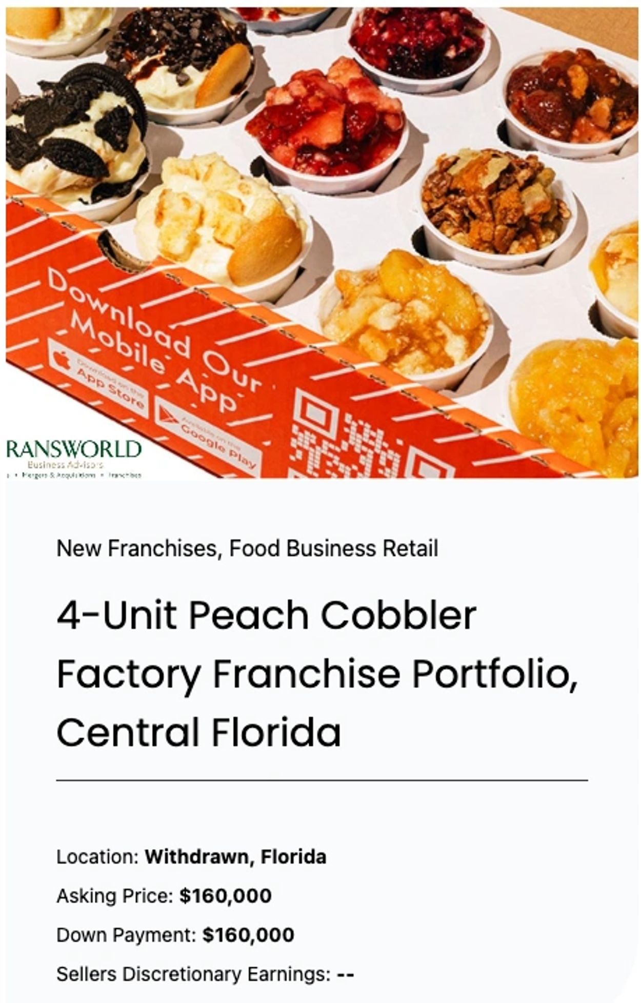 4-unit peach cobbler franchise portfolio in Central Florida for sale.