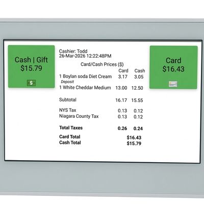 Receipt showing prices, taxes, and totals for items paid by cash and card.