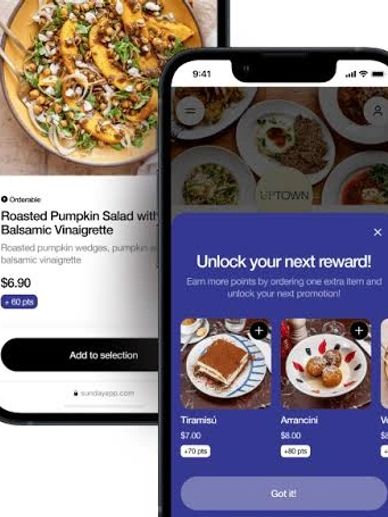 Mobile app showing food ordering and rewards.