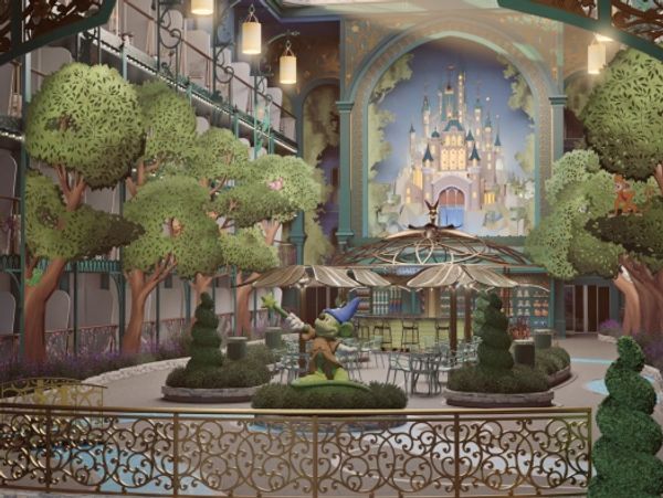 Whimsical indoor garden with figurines and castle mural.