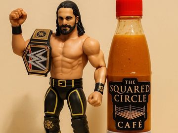 Wrestling action figure with championship belt next to a hot sauce bottle.