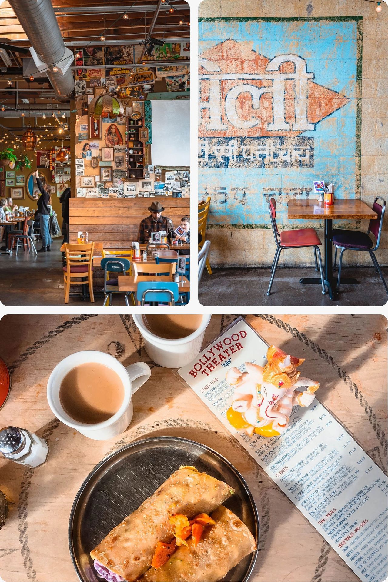 A vibrant collage featuring Bollywood Theater, a popular Indian street food restaurant in Portland, Oregon. The top left image shows the colorful, eclectic interior decorated with vintage Indian posters, string lights, and mismatched wooden chairs. The top right image highlights a rustic wall mural and cozy table setup. The bottom image features two cups of chai, a menu, and a plate of flavorful kati rolls on a wooden table. Located in the Alberta Arts District, Bollywood Theater is known for its authentic Indian flavors and Instagram-worthy decor. Photo by Nastasia Yakoub