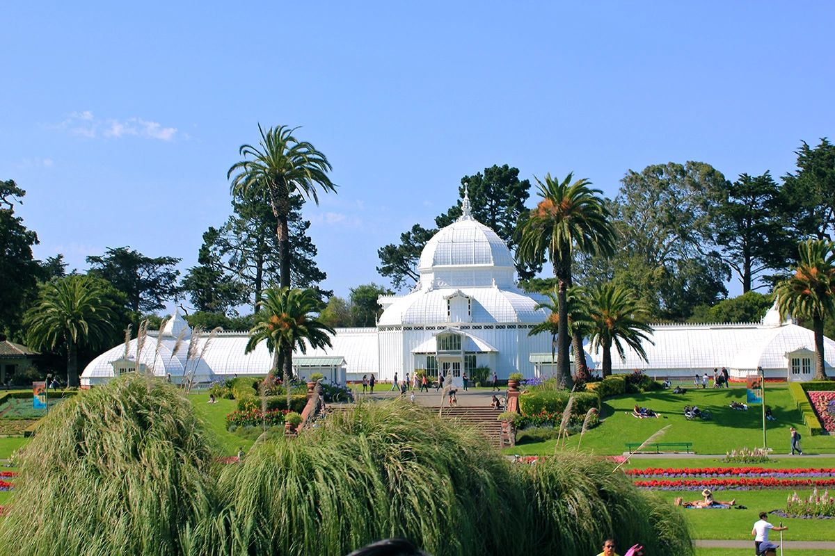 A sunny view of the Conservatory of Flowers in San Francisco’s Golden Gate Park, surrounded by lush green lawns, palm trees, and vibrant flower beds. As one of the oldest surviving public wood-and-glass conservatories in North America, this historic landmark offers a stunning setting for photography, relaxation, and exploring exotic plant collections.