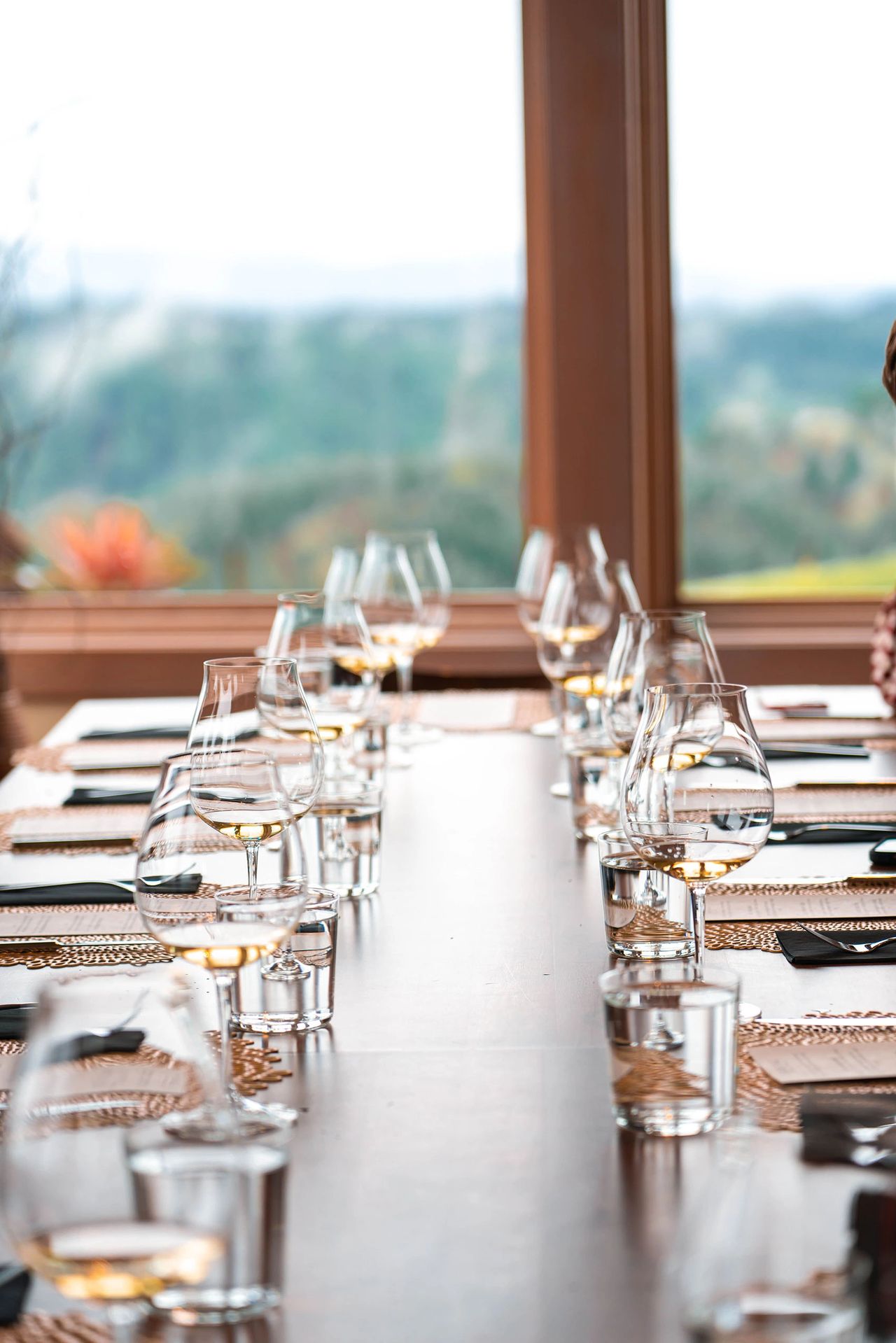 A beautifully set wine tasting table at a winery in Oregon’s Willamette Valley, featuring elegant stemware filled with white wine, water glasses, and neatly folded napkins. Large windows overlook the vineyard and rolling hills, creating a serene and sophisticated atmosphere. The Willamette Valley is one of the top wine regions near Portland, known for its world-class Pinot Noir and scenic countryside. Photo by Nastasia Yakoub