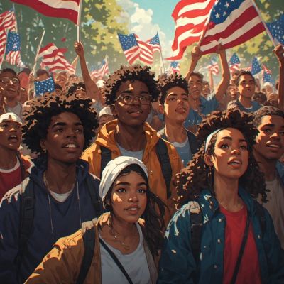 Young diverse group at a patriotic rally with American flags.