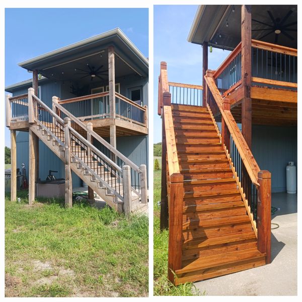 Wooden staircase before and after renovation.