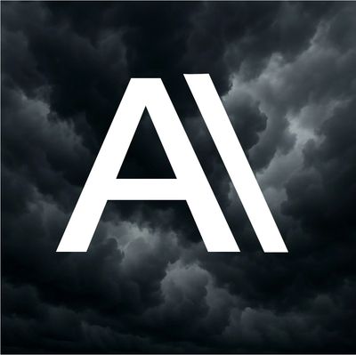 White stylized AI letters on a dark stormy cloud background.