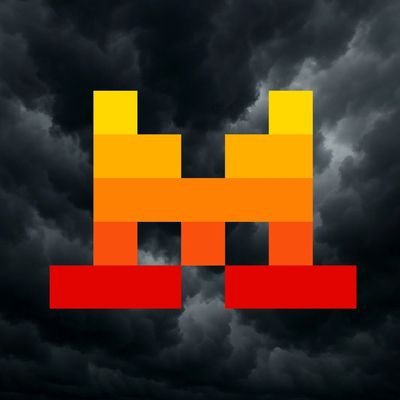 Pixelated orange and red alien icon against a dark stormy sky.