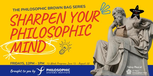 Promotional banner for a philosophy series with a statue and bright yellow background.