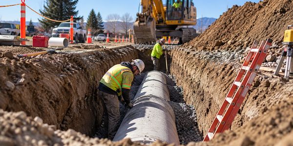 Workers installing a large pipeline at a construction site.