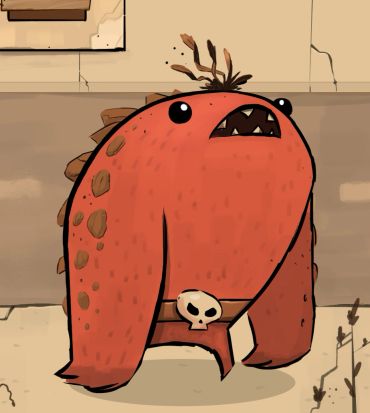 A red cartoon monster with a skull belt.