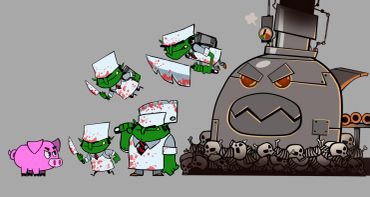 Cartoon zombies with bloody knives face a pink pig and a menacing tank.