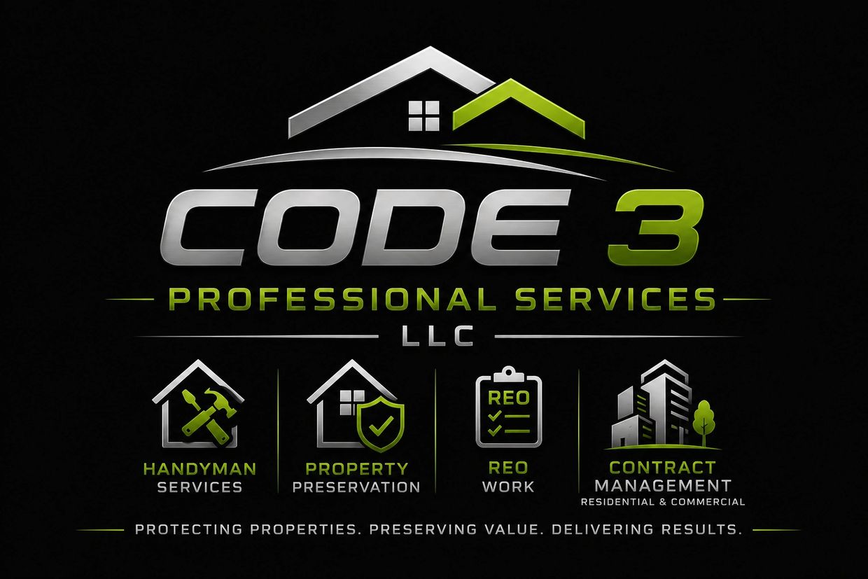 Logo for Code 3 Professional Services offering handyman, property preservation, REO work, and contract management.