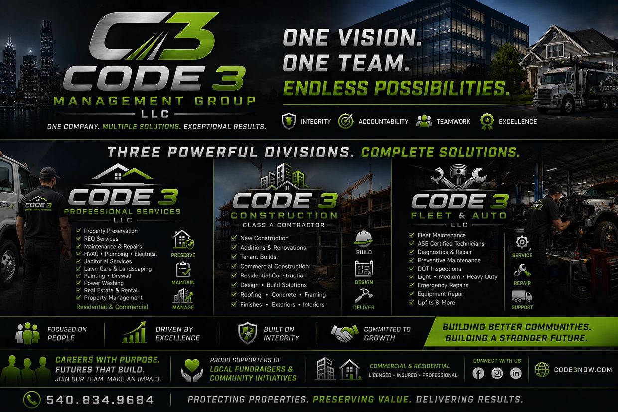 Code 3 Management Group offers property, construction, and fleet services with a focus on integrity and teamwork.