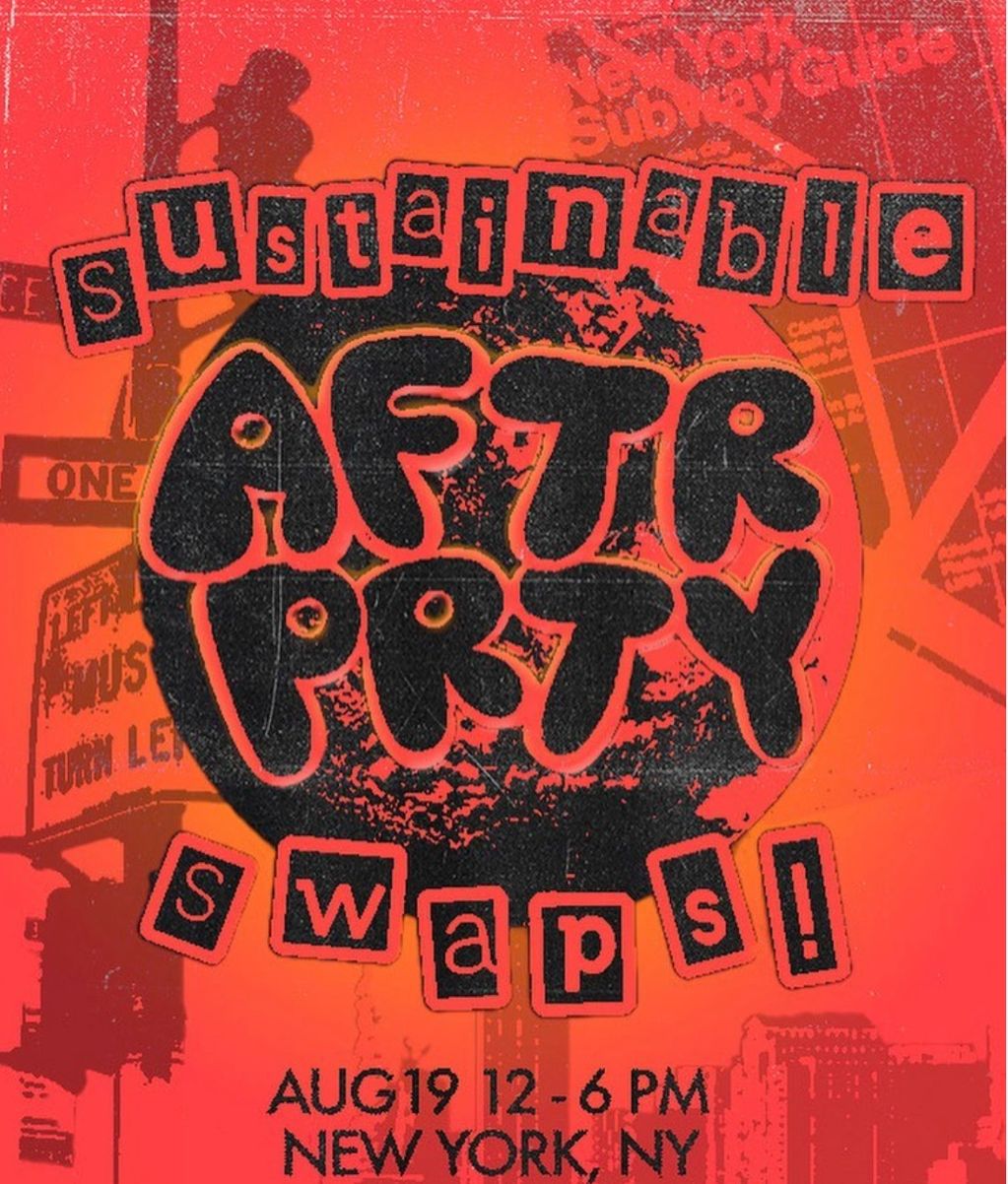 Bright red poster for a sustainable after party swap event in New York.