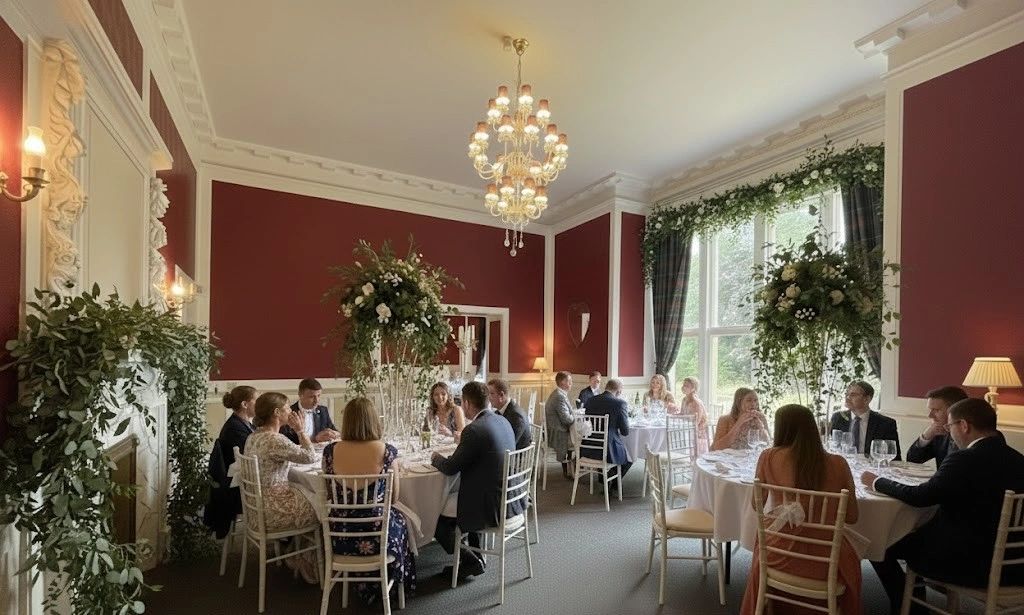 Elegant wedding reception with guests seated around decorated tables in a classic room.