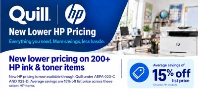 Quill logo with words about the 15% discount on HP toner