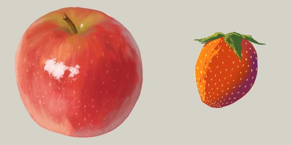 Digital study of an apple in a realistic style and an illustrated strawberry.