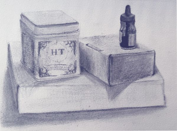 Still life of cube and rectangular objects and an ink bottle. 
Charcoal on paper