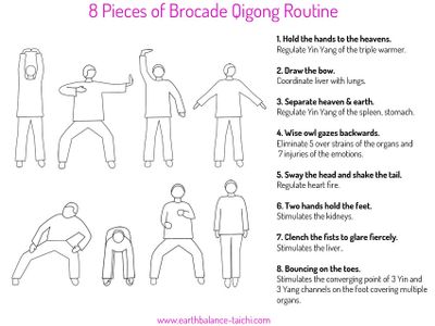 Illustrated 8-step Brocade Qigong routine with detailed instructions for each movement.