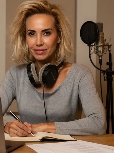 Woman with headphones writing in a notebook in a recording studio.