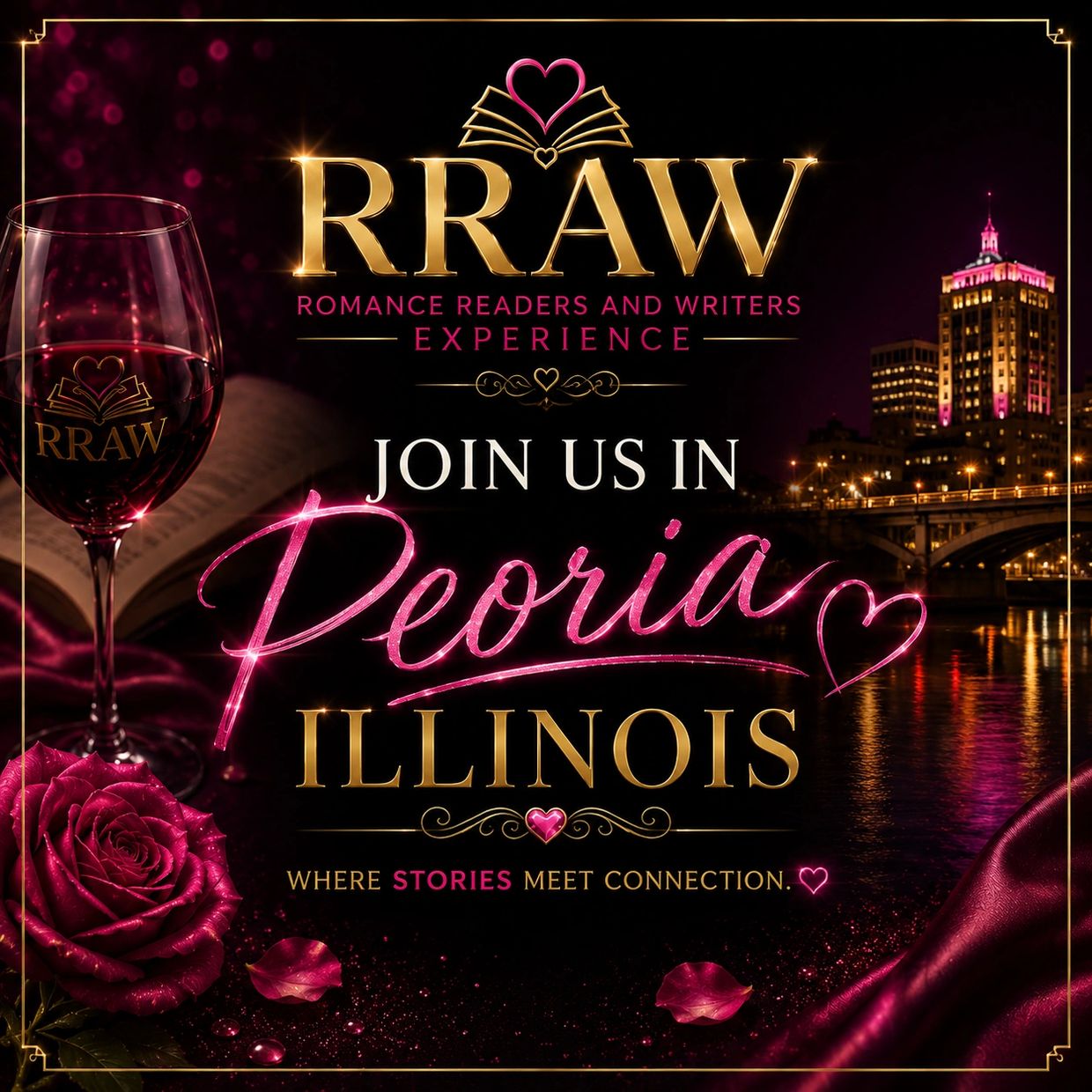 Elegant invitation to the RRAW event in Peoria, Illinois with romantic-themed design elements.