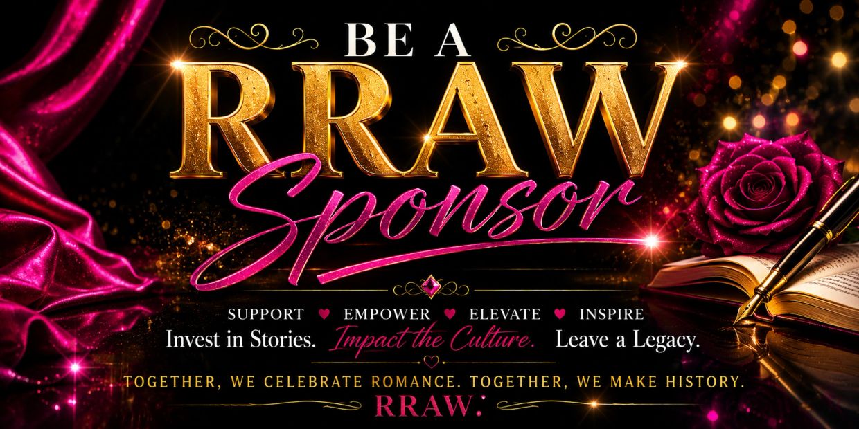 Luxurious banner promoting RRAW sponsors with gold, pink, and elegant elements.