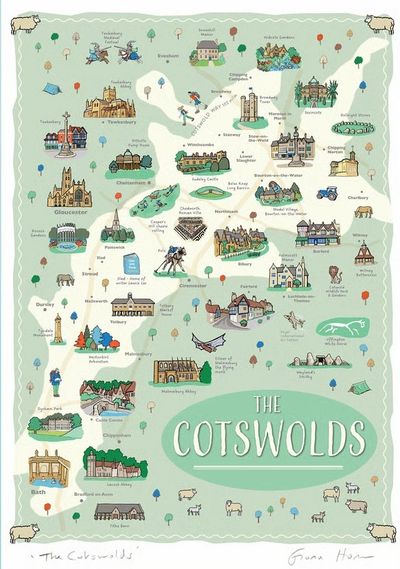 Illustrated map of The Cotswolds showing landmarks and towns with charming artwork.