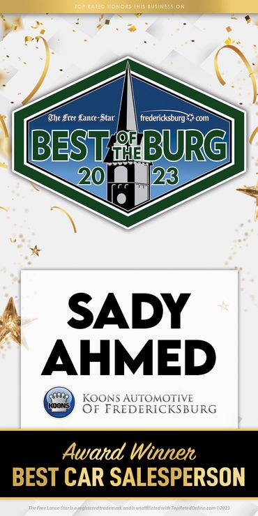 Sady Ahmed awarded Best Car Salesperson 2023 in Fredericksburg.