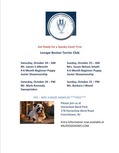 Flyer for Lenape Boston Terrier Club puppy beginner and junior showmanship event.