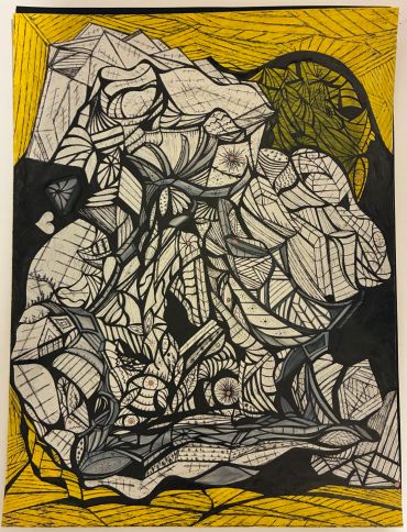 Abstract black and white geometric drawing with yellow accents.