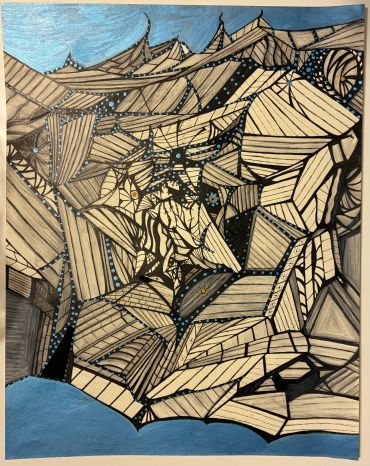 Abstract geometric drawing with intricate lines and shapes, featuring blue and black accents.