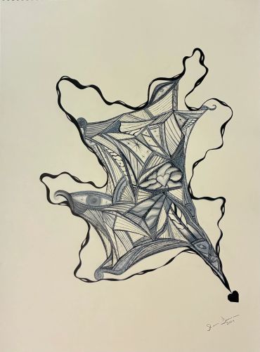 Intricate abstract ink drawing with flowing lines and geometric patterns.