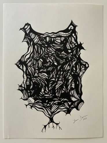Abstract black ink drawing with intricate patterns and eyes.