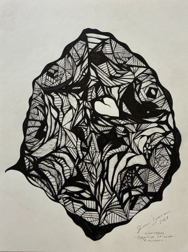 Black and white abstract ink drawing with intricate geometric patterns.