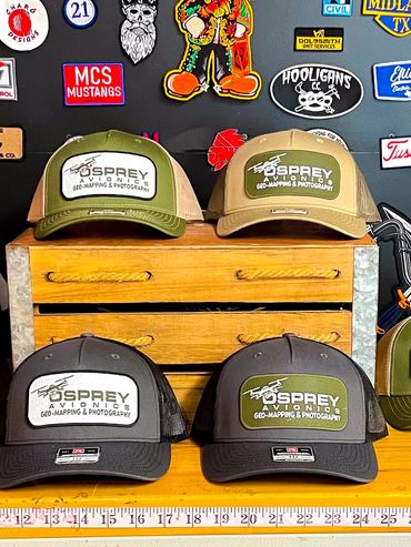 Custom work hats with embroidered patches.