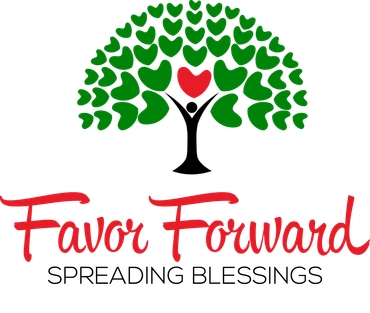 Logo with green hearts forming a tree and a red heart in the center above 'Favor Forward' text.