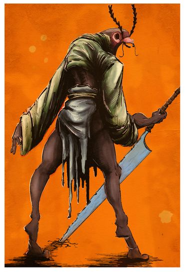 A humanoid insect warrior with a large sword on an orange background.