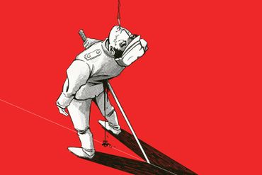 Stylized figure hanging with a sword and hat against a red background.